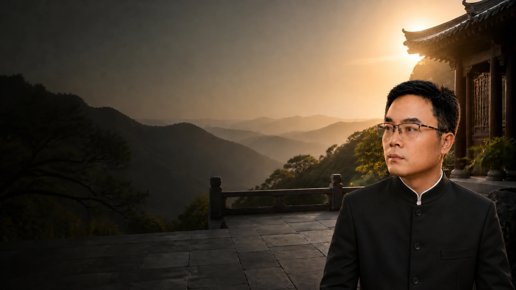 锦泉于晨光山景之中